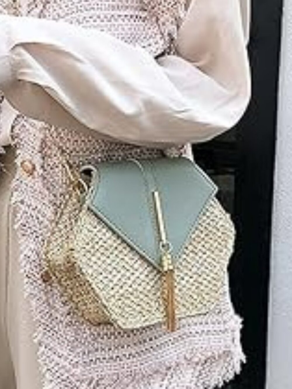 Women's Crossbody Bag Straw Shoulder Bag  Green and Gold Accents